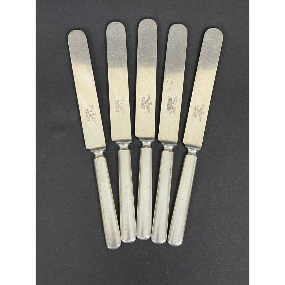 5 Antique Plated Handle by Landers with Eagle Logo Blunt Dinner Knife w/Patina